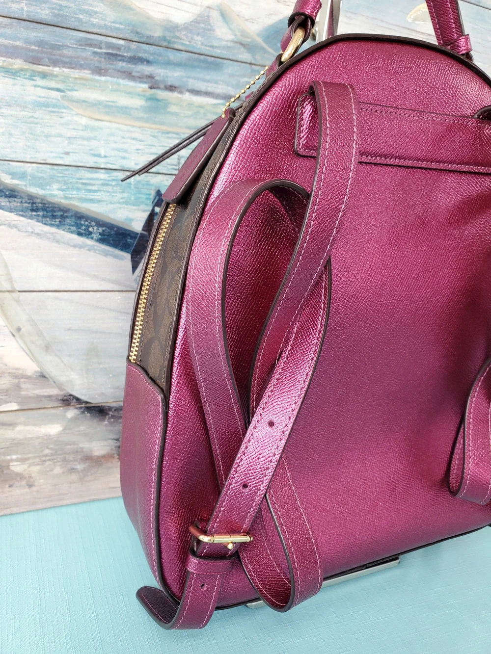 COACH JORDYN BACKPACK IN SIGNATURE CANVAS METALLIC BERRY/BROWN